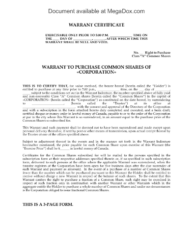 Canada Warrant to Purchase Common Shares