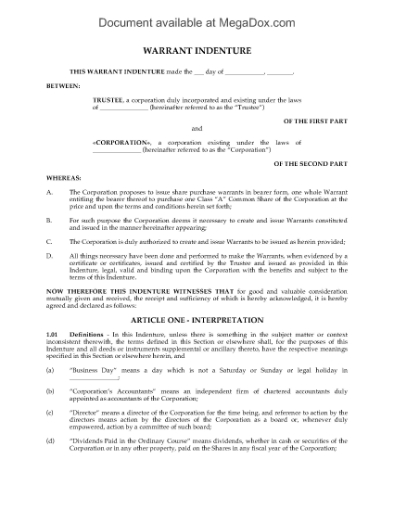 Picture of Warrant Indenture for Common Shares | Canada