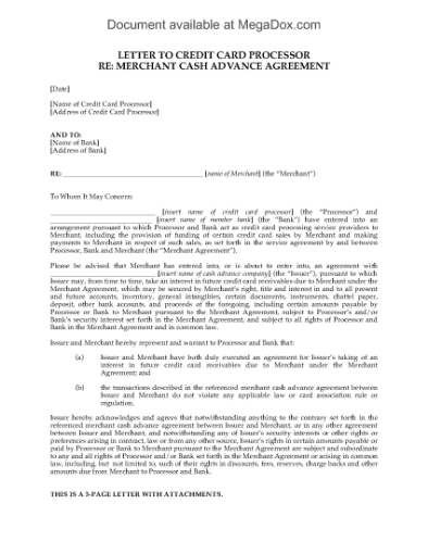 Picture of Merchant Cash Advance Letter to Credit Card Processor | USA