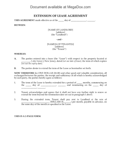 Picture of New Jersey Residential Lease Extension