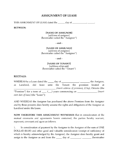 Ontario Assignment of Lease form