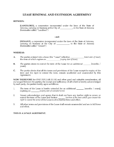 Arizona Renewal and Extension Agreement for Commercial Lease