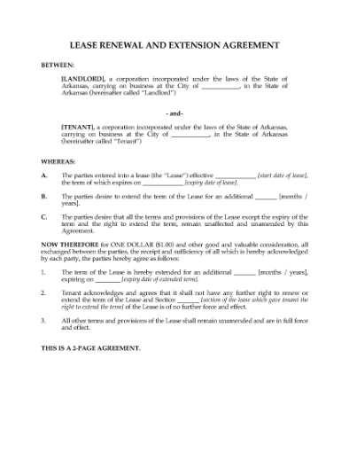 Picture of Arkansas Renewal and Extension of Commercial Lease