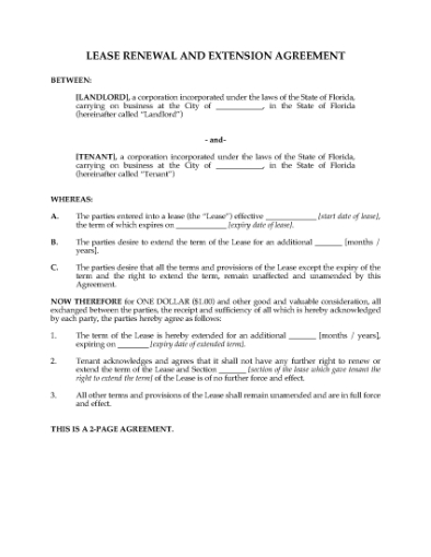 Picture of Florida Renewal and Extension of Commercial Lease
