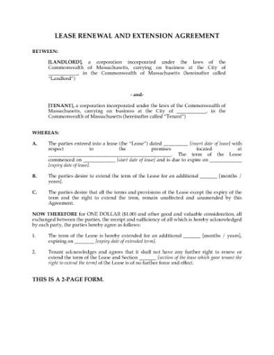 Picture of Massachusetts Renewal and Extension of Commercial Lease