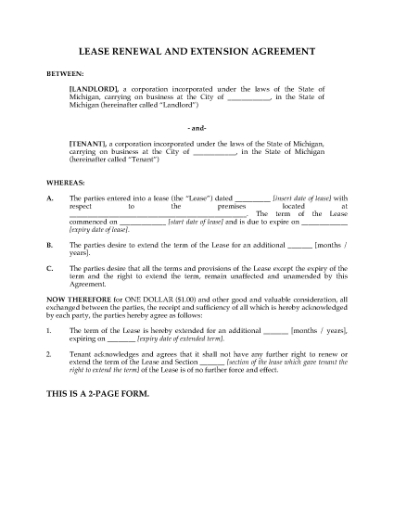 Picture of Michigan Renewal and Extension of Commercial Lease