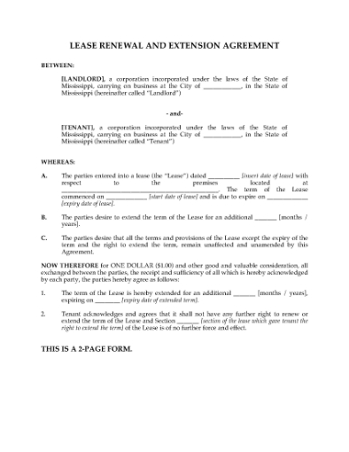 Picture of Mississippi Renewal and Extension of Commercial Lease