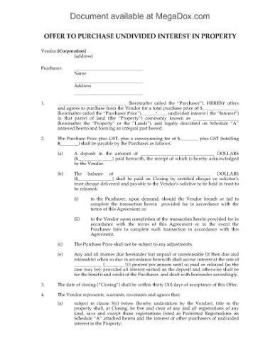 Picture of Offer to Purchase Undivided Interest in Syndicated Mortgage | Canada