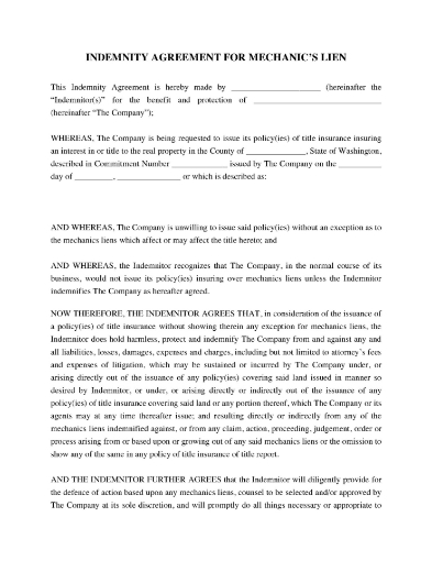 Washington Indemnity Agreement for Mechanics Lien