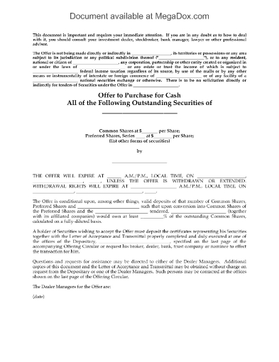 Canada Takeover Bid Offer to Purchase Securities