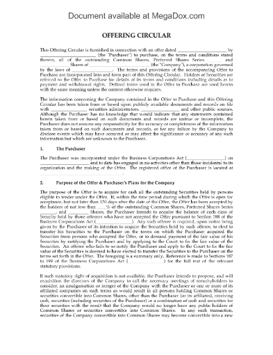 Canada Takeover Bid Offering Circular