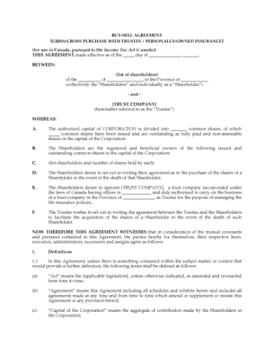 Picture of Criss-Cross Shareholder Buy-Sell Agreement with Trustee | Canada