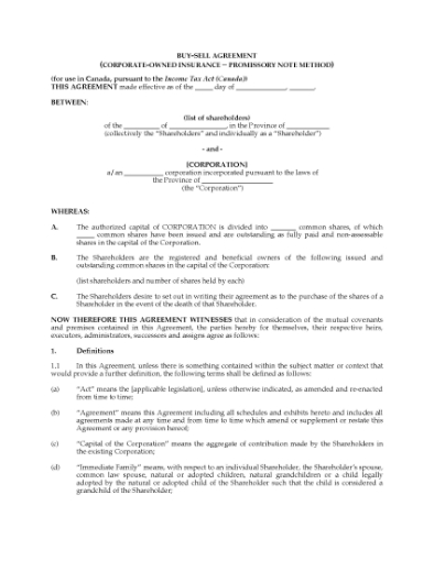 Picture of Shareholder Buy-Sell Agreement (Promissory Note Method) | Canada