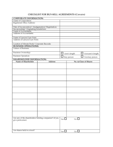 Picture of Checklist for Shareholder Buy-Sell Agreement | Canada