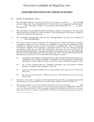 Picture of Subscription Agreement for Flow Through Shares | Canada