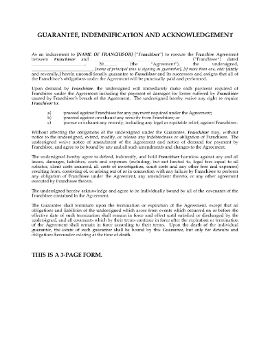 Canada Guarantee and Indemnification by Franchisee