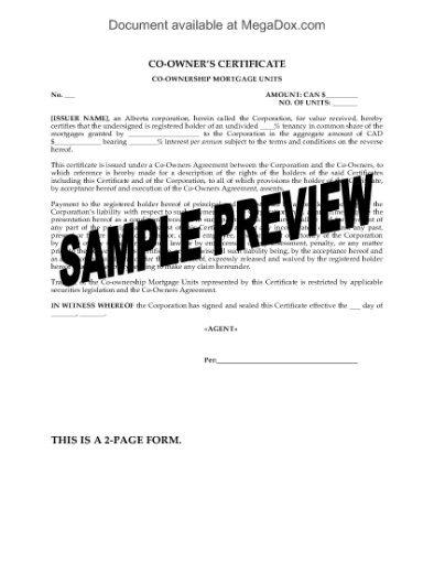 Picture of Alberta Co-Owner Certificate for Units in Syndicated Mortgage