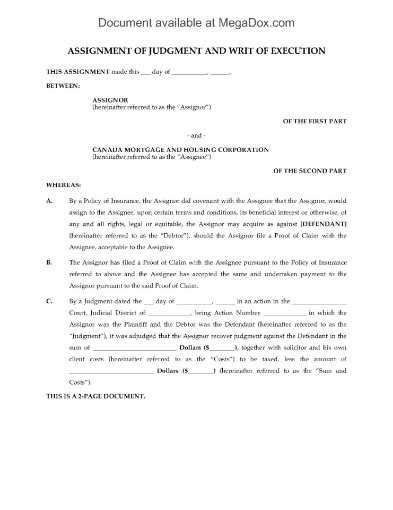 Assignment of Judgment to Canada Mortgage & Housing Corporation