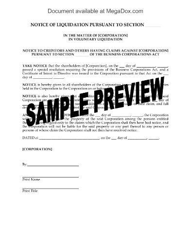Canada Notice of Liquidation of Corporation