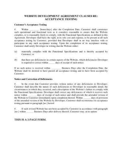 Picture of Website Development Agreement Clauses for Acceptance of Site by Owner