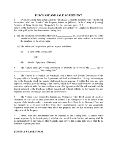 Picture of Nova Scotia Purchase and Sale Agreement for Bare Lot