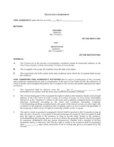 Picture of Nova Scotia Occupancy Agreement