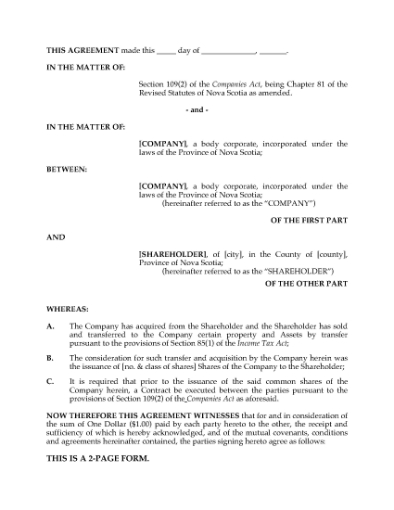 Picture of Nova Scotia Section 85 Asset Rollover Agreement