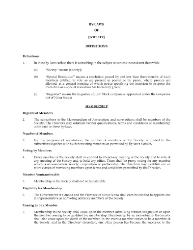 Nova Scotia Bylaws of Society