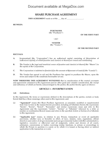 Picture of Share Purchase and Loan Agreement | Canada