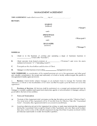 Ontario Management Agreement and Option to Purchase Business