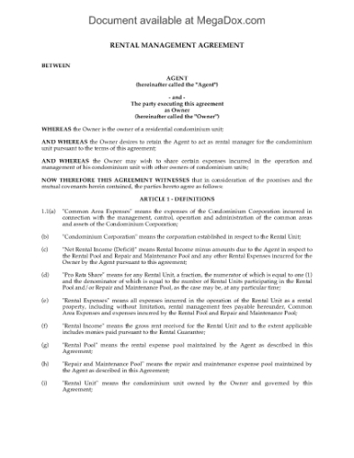 Picture of Condominium Rental Management Agreement