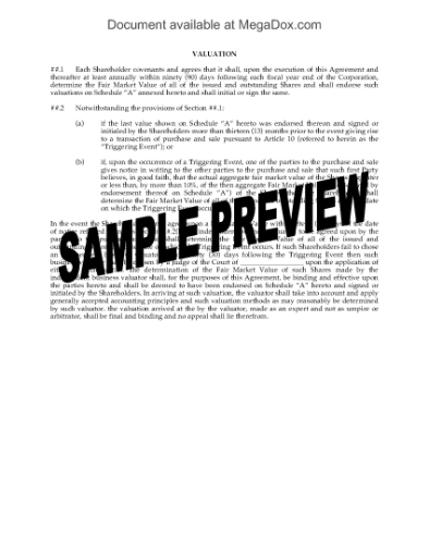 Picture of Valuation of Shares Clause for Shareholder Agreement