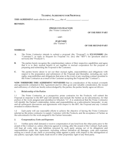 Picture of Teaming Agreement for Proposal