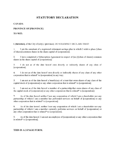 Canada Declaration by Investor of RRSP Eligibility of Investment