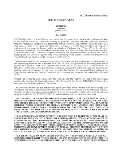 Picture of California Offering Circular for Fractional Loan