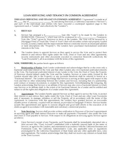 Picture of California Loan Servicing and Tenancy in Common Agreement
