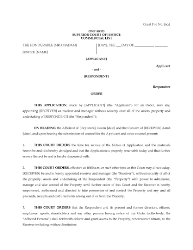 Picture of Ontario Order to Appoint Receiver Manager
