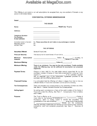 Alberta Offering Memorandum for public offer of trust units in Real Estate Investment Trust