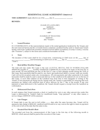 Picture of Arizona Fixed Term Residential Lease