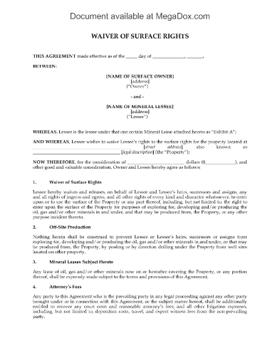 Picture of Texas Waiver of Surface Rights