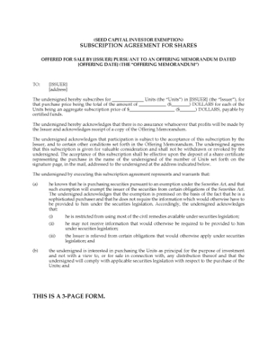 Picture of Alberta Share Subscription under Offering - Seed Capital Exemption