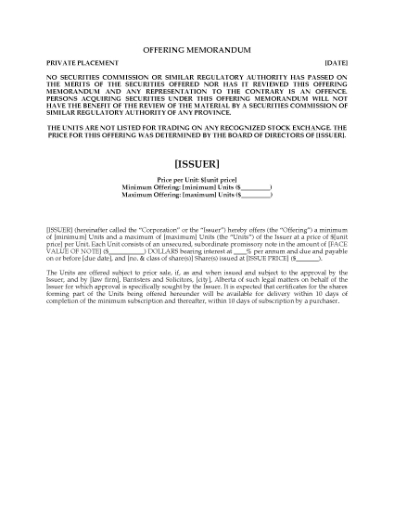 Picture of Alberta Offering Memorandum for Unsecured Promissory Notes and Common Shares