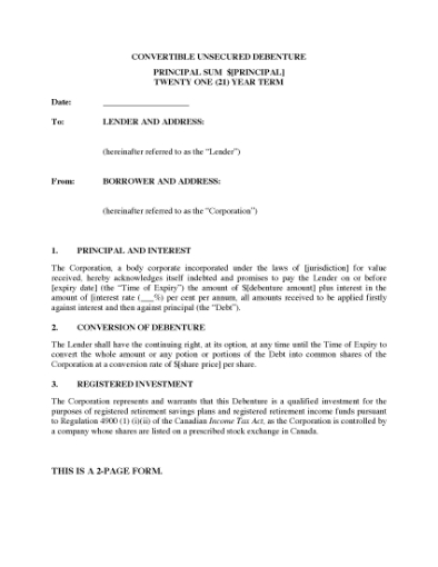 Picture of Convertible Debenture Certificate with RRSP and RRIF Eligibility | Canada