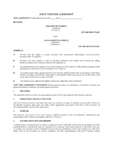 Canada Joint Venture Agreement for product development