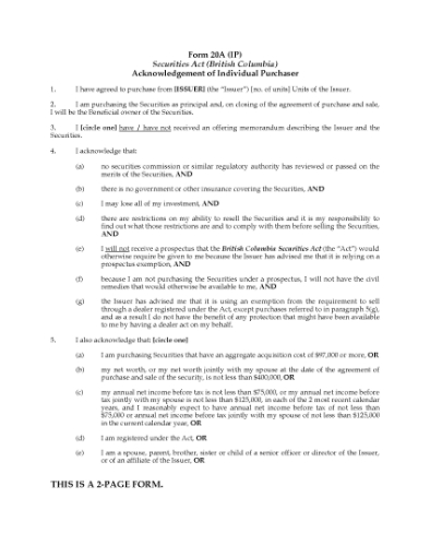 Picture of Form 45-106F12 Risk Acknowledgment for Family, Friend and Business Associate Investors | Canada