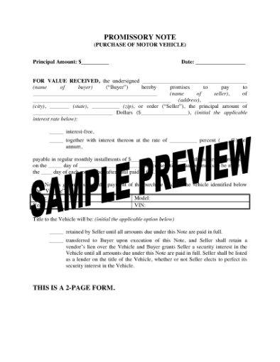 Picture of Promissory Note for Vehicle Purchase | USA