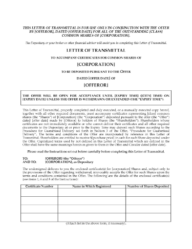 Alberta Transmittal Letter to Deposit Shares