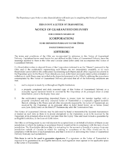 Alberta Notice of Guaranteed Delivery (takeover)