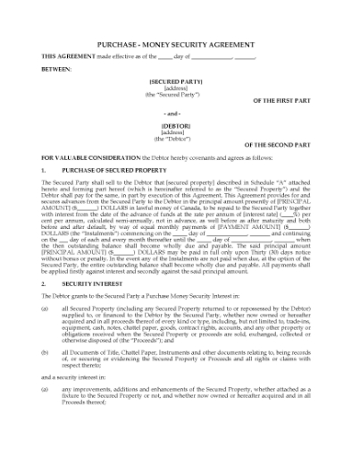 Picture of Alberta Purchase Money Security Agreement