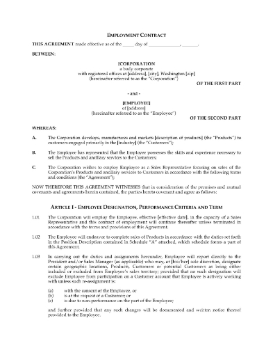 Washington Sales Representative Employment Agreement